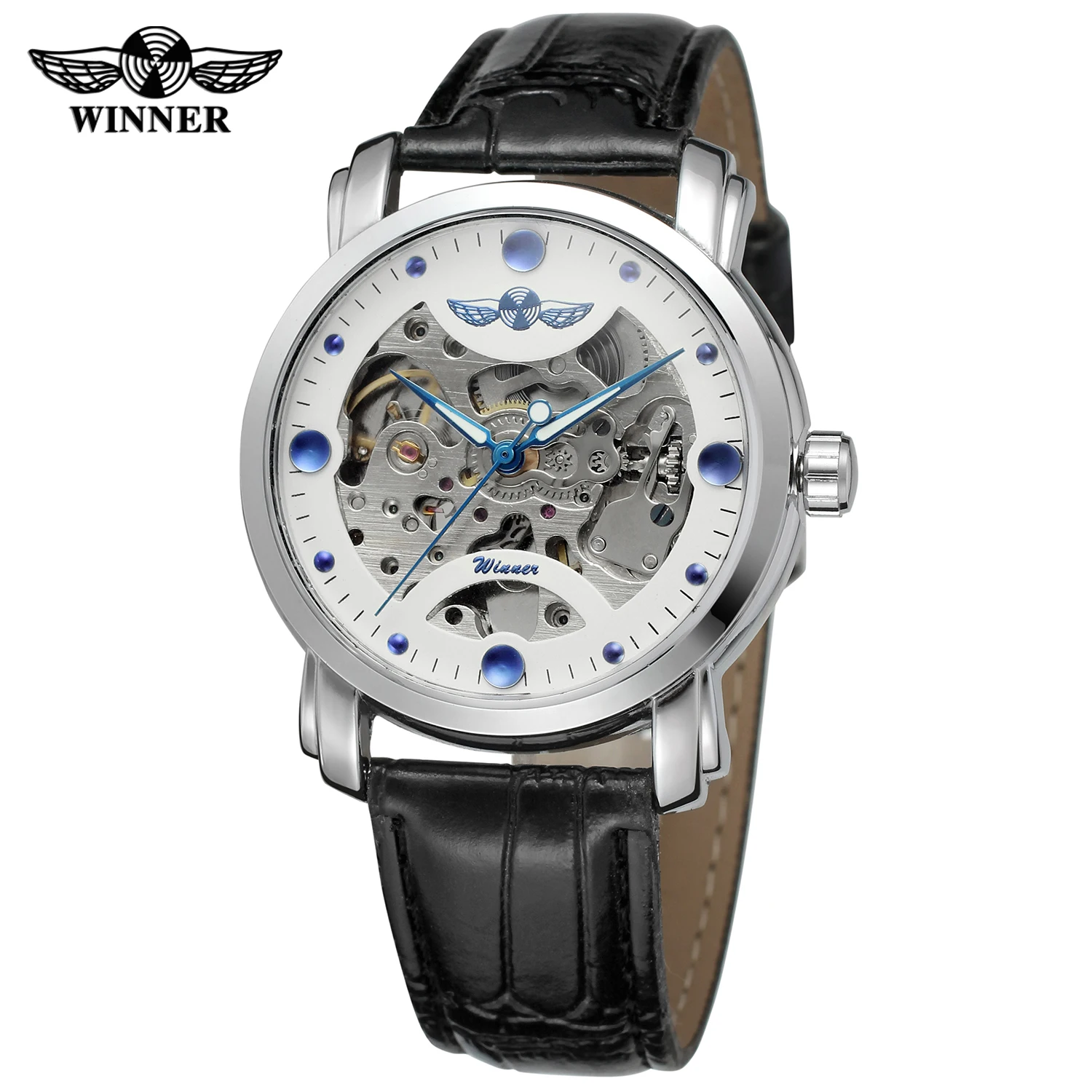 Fashion Winner Top Brand Blue Ocean Design Leather Transparent Mens Watch Luxury Male Wrist Watch Skeleton Automatic Watch Clock