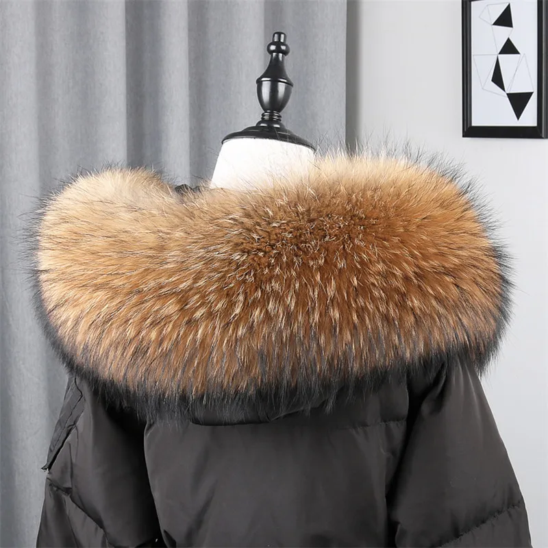 Fashion Luxury 100% Real Natural Raccoon Fur Color Unisex Down Coat Hood Trim Fur Collar Winter Warm Scarf Genuine Scarves Wrap