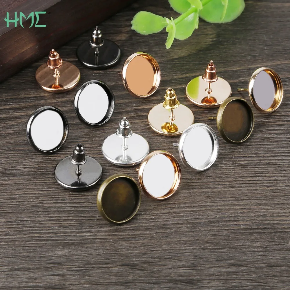 12mm 10pcs 6 Colors High Quality Iron Earring Studs(with Ear plug) Base Fit 12mm Glass Cabochons