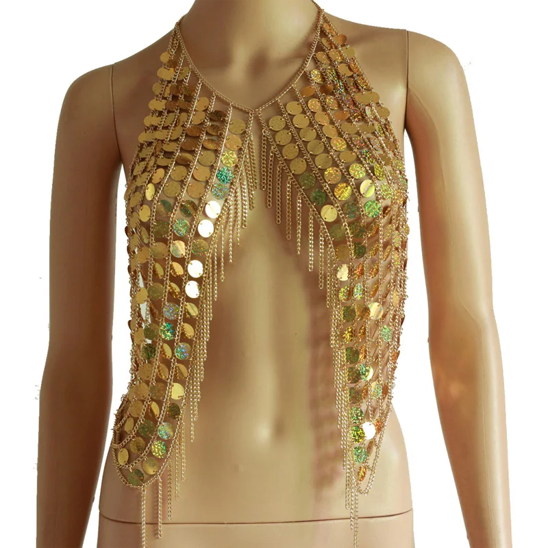 Chran Classic Coin Sequin Bralette Disco Chain Top Sexy Carnival Burning Man Costume Festival Chain Bra