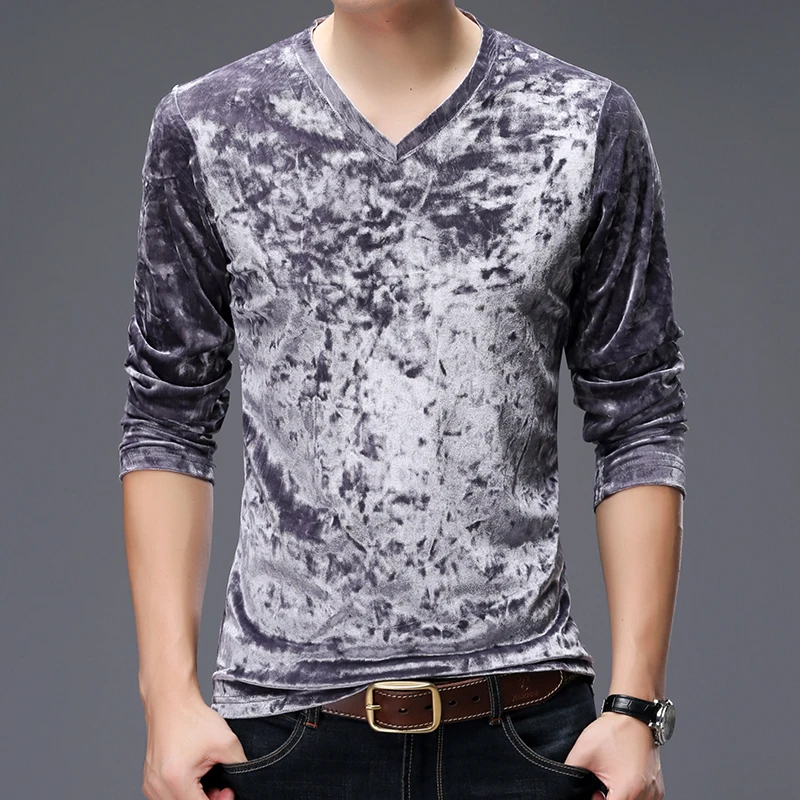 Velvet Luxury V-Neck T Shirt For Men Long Sleeved Fashion Casual Spring Quality Smooth Comfortable Easy Care Camisetas De Hombre