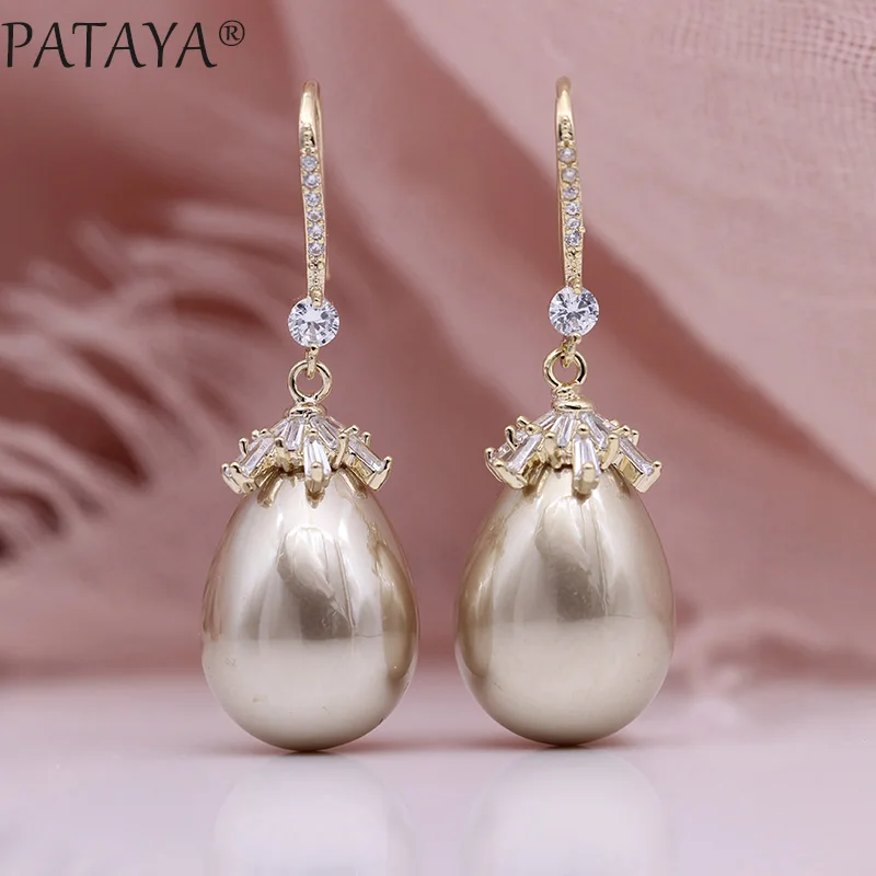 PATAYA New Oval Shell Pearls Long Earrings 585 Rose Gold Color Square Natural Zircon Women Luxury Fine Wedding Fashion Jewelry