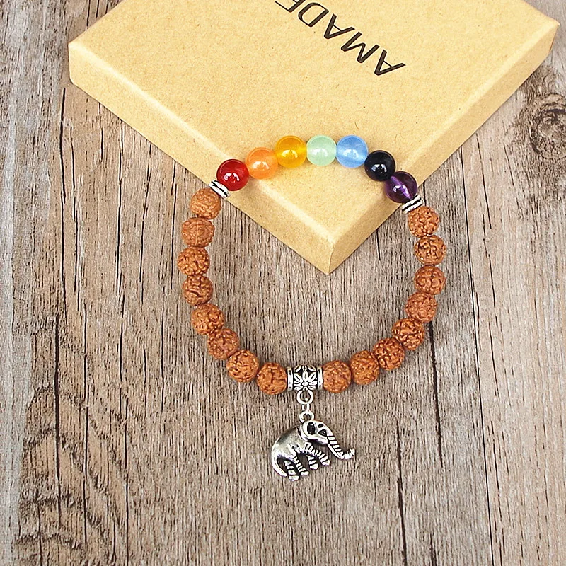 Handmade Original Rudraksha Elephant Mala Chakra Bracelet Yoga Healing Prayer Seven Chakra Charm Beaded Strand Bracelet view 6