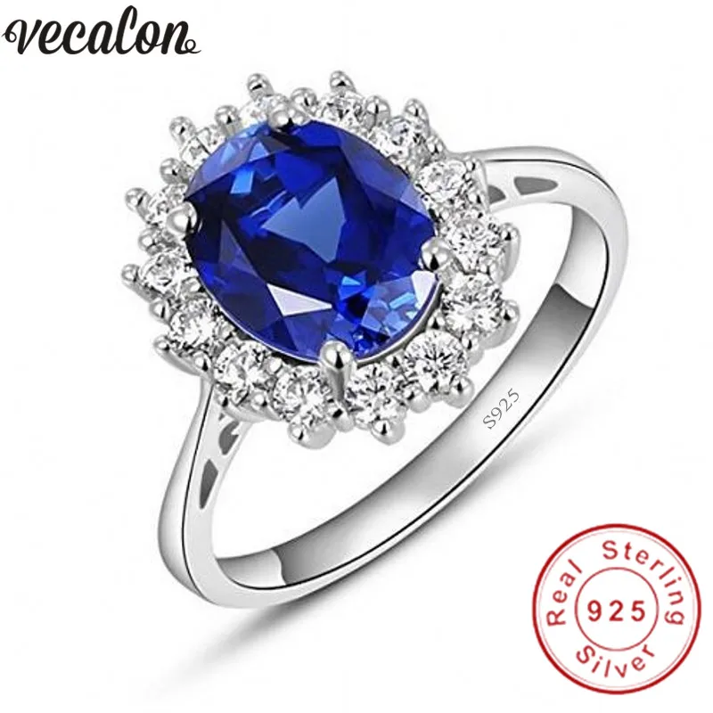 Vecalon Fine Jewelry 100% Real 925 Sterling Silver ring 5A Blue Zircon Cz Diana Engagement wedding Band rings for women Bridal