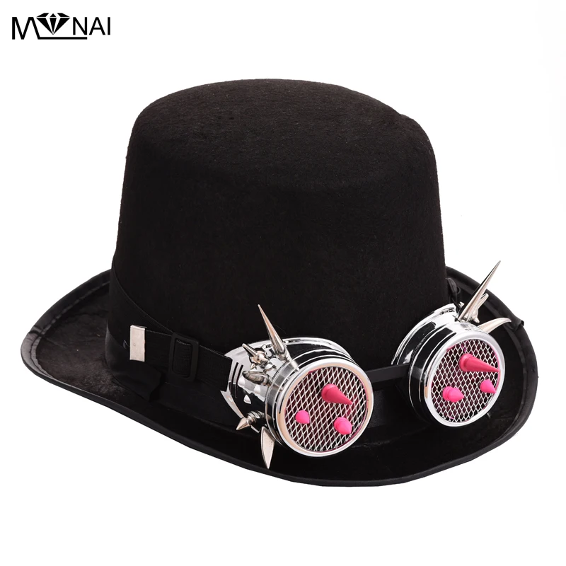 Retro Men/Women Steampunk Hat Pink Glasses Rivets Goggles Gothic Vintage Top Hats Victorian Cosplay Accessories