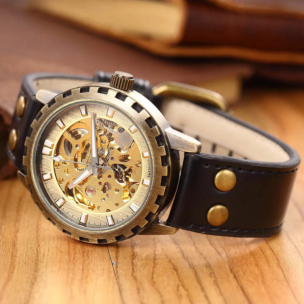 Brand Leather Band Men Male Military Clock Automatic Skeleton Mechanical Watch self wind Vintage luxury Steampunk Style Watch