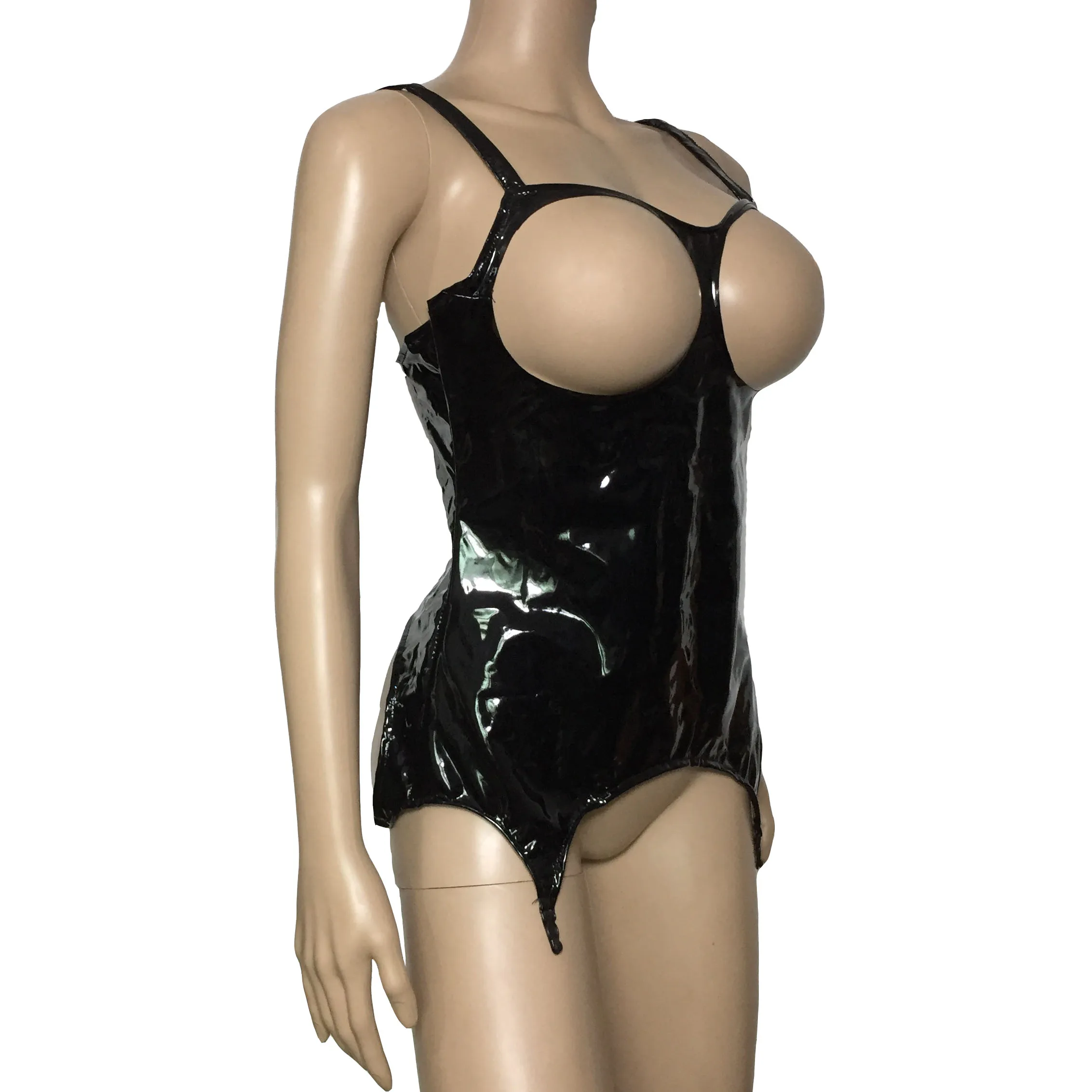 Women PVC Vinyl Cupless Teddy Lingerie Patent Leather Open Bra Tank Top with Garter Belt Bodysuit Fetish Costume