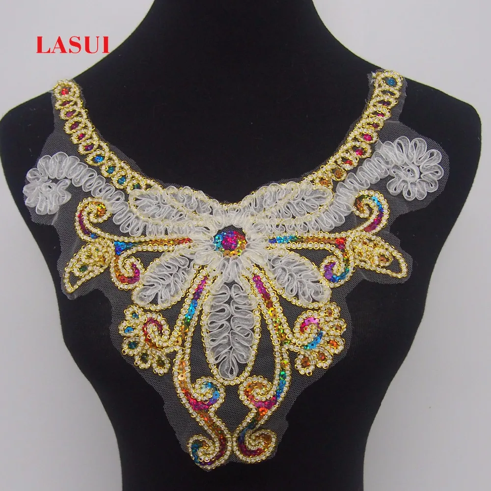 LASUI high quality Color sequins + Chiffon +Gold thread embroidered lace collar beautiful For Sewing Supplies Crafts Lace  0150