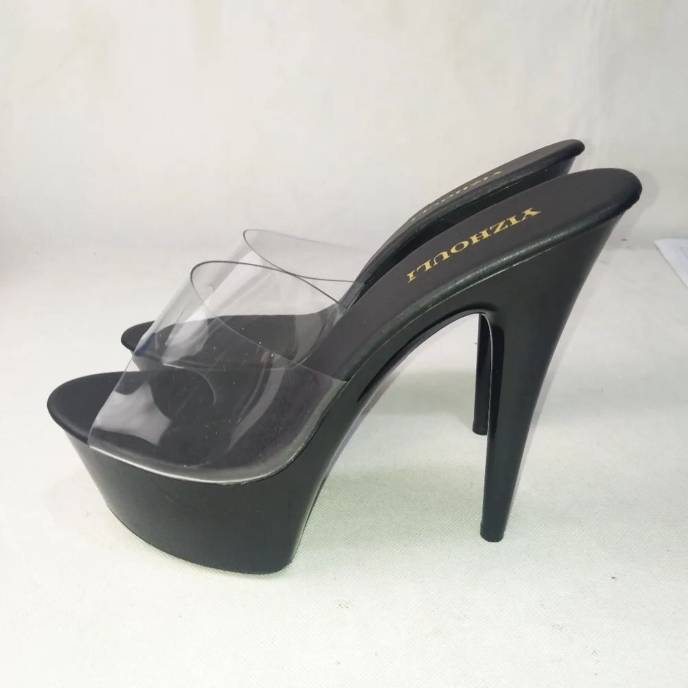 Custom large size transparent upper 15cm sexy high heels painted soles 6in thick high heel party slippers