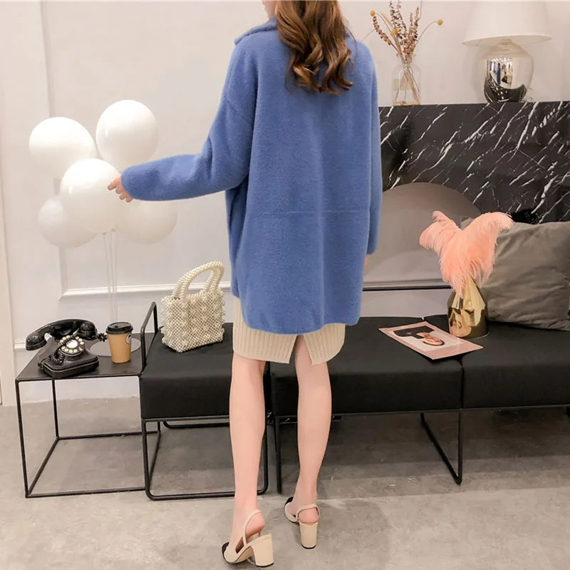 new women imitation mink cashmere coat autumn winter Korean loose Super soft candy color sweater female knit cardigan coat thick