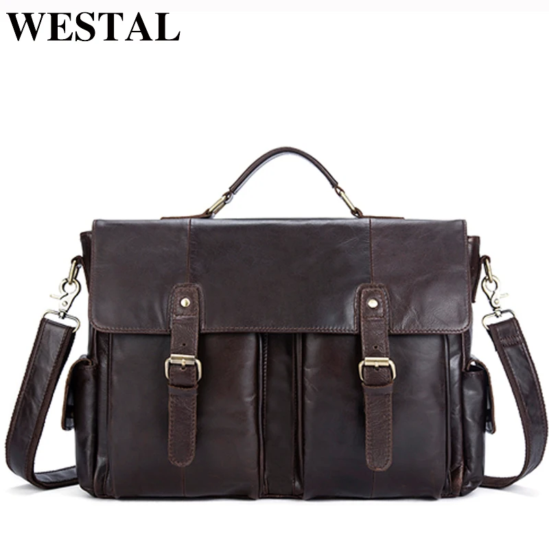 

WESTAL men's handbag leather laptop bag men genuine leather vintage desinger luxury brand bag for men porte document handbag 894