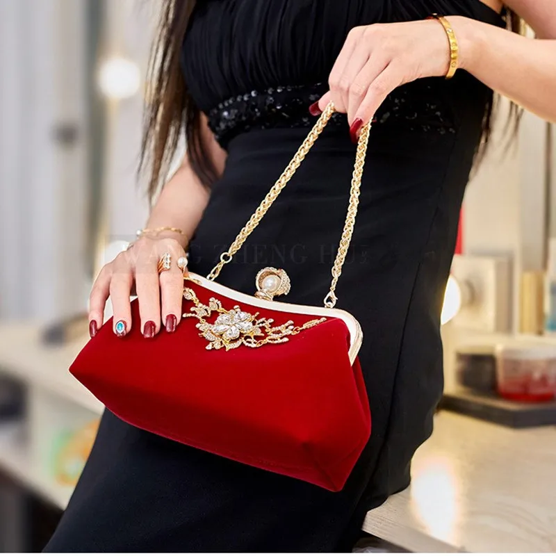 Female Velvet Diamond Pearl Purse Vintage Crystal Velvet Evening Bag Flower Wedding Party Bride Clutch Bag Velvet Purse Handbag