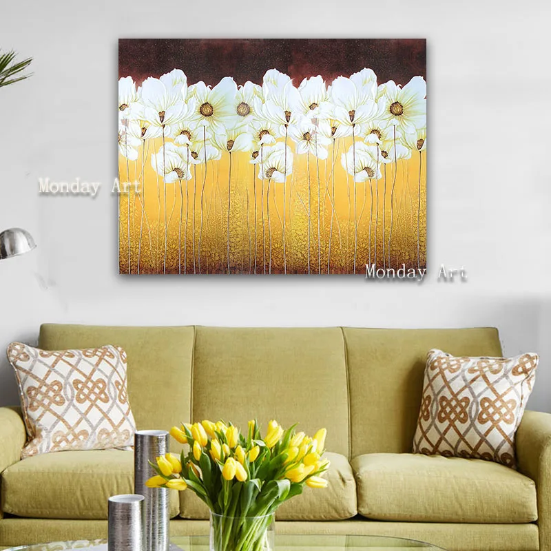 

Hand Painted Textured Palette Knife white Flower Oil Painting Abstract Modern Canvas Wall Art Living Room office Decor Picture