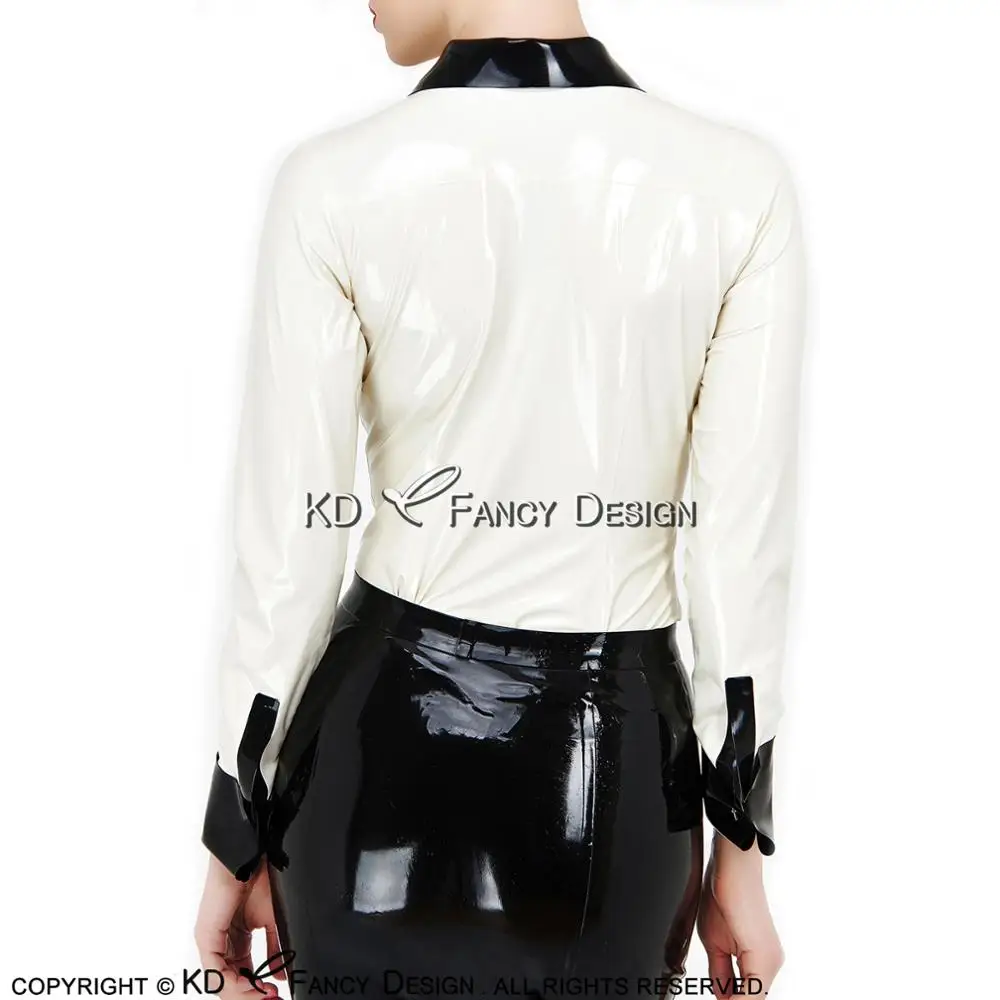 White And Black Sexy Latex Shirt With Buttons At Front Long Sleeves Turn Down Collar Rubber Blouse Top Clothing YF-0118