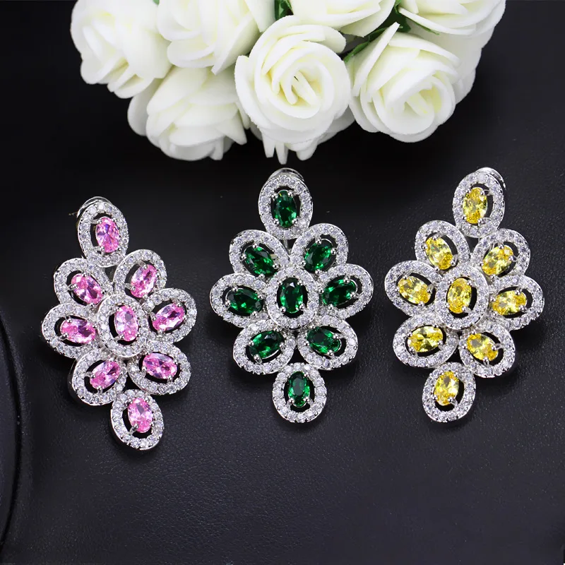 BeaQueen Elegant Big Size Zirconia Bridal Wedding Drop Earrings Inlay Oval Round Colorful CZ Crystal Women Ear Jewelry Gift E116