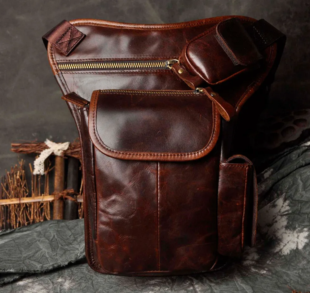 Real Leather Men Multifunction Fashion Casual Messenger One Shoulder Crossbody Bag Design Waist Belt Pack Drop Leg Bag 3106