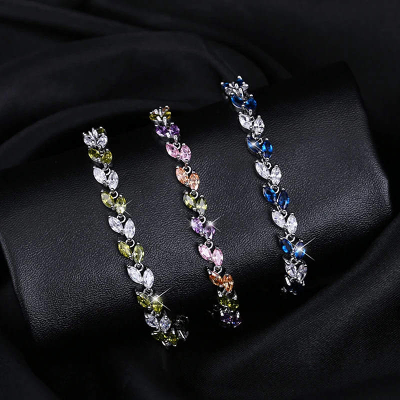 CWWZircons Trendy ShinyColorful Cubic Zircon Silver Color Leaf Female Bracelets Bangles for Women Dress Jewelry Accessories B030