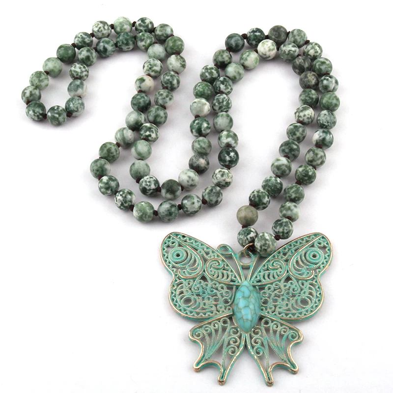 Fashion Bohemian Jewelry Amazonite Stone Beads  Long Knotted Butterfly Pendant Necklace For Women Ethnic Necklace