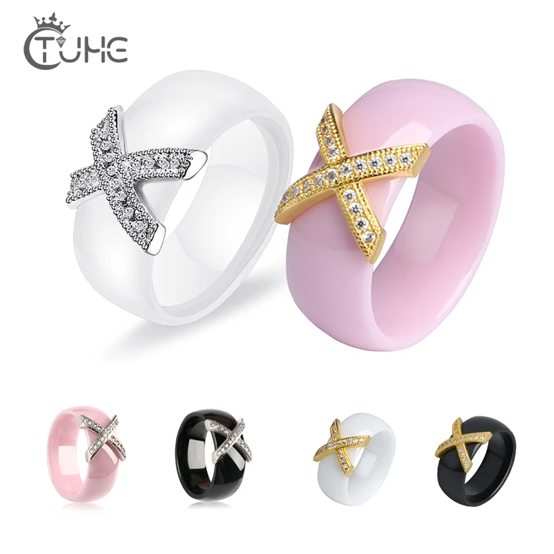 

Fashion Jewelry Women Ceramic Rings 8mm X Cross With AAA Crystal For Women Elegant Simple Design Wedding Party Accessories Gifts