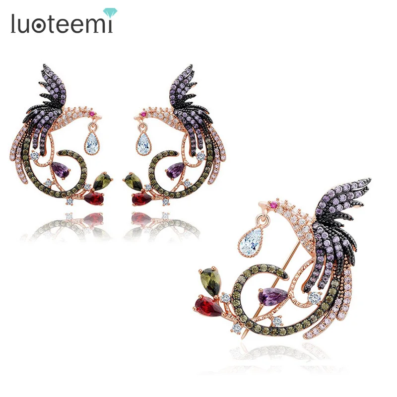 LUOTEEMI Vivid Phoenix Bird Jewelry Sets for Women Gold Plate Wedding Jewelry Luxury Multi Cubic Zirconia Micro Pave Setting