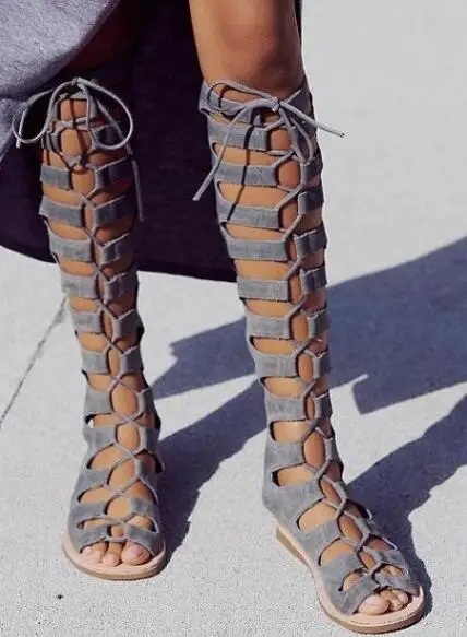 Fashion Gray Suede Leather Women Lace Up Boots Sexy Open Toe Ladies Gladiator Boots Zipper Back Female Summer Knee High Boots