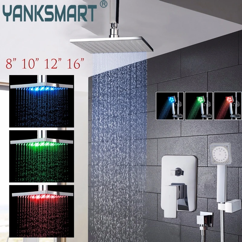 

Yanksmart LED wall ceiling mounted 8 10 12 16 inch shower head set with control valve hand sprayer chrome polished bathroom Kit