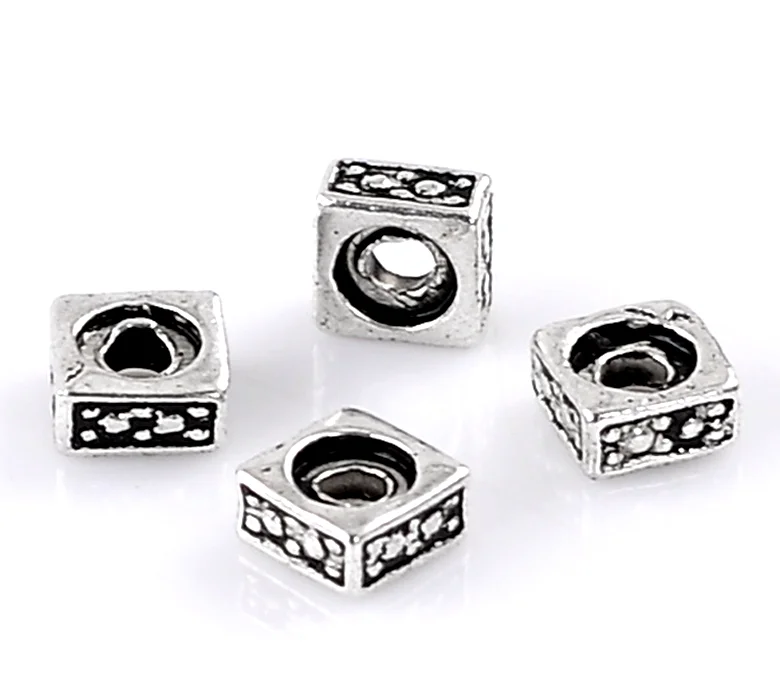 Doreen Box hot-  Charm Beads Square Silver Color Pattern Carved 5x5mm,200PCs (B22427)