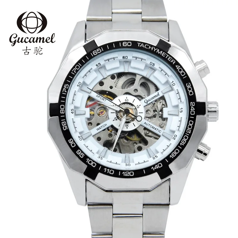 GUCAMEL CKOCK for MEN Brand Men Full Stainless Steel Watch Men Skeleton Auto Mechanical Watch Self-Wind Male Dress Clock