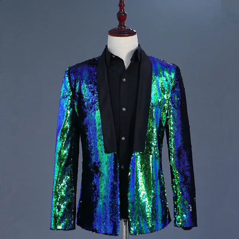 Purple Blue sequins Jacket Blazer Prom Party Slim Blazers Outerwear Nightclub Bar Host singer Formal stage performance Costumes