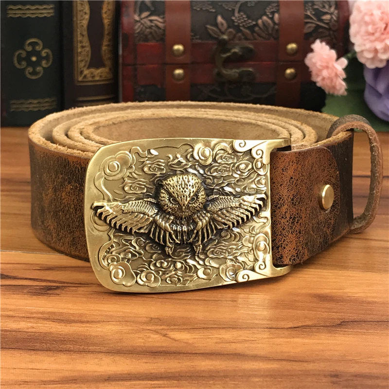 Brass Owl Belt Buckle Yellow Belts For Men Ceinture Homme Men Leather Belt Cowboy Jeans Male Leather Belt Strap Wide MBT0106