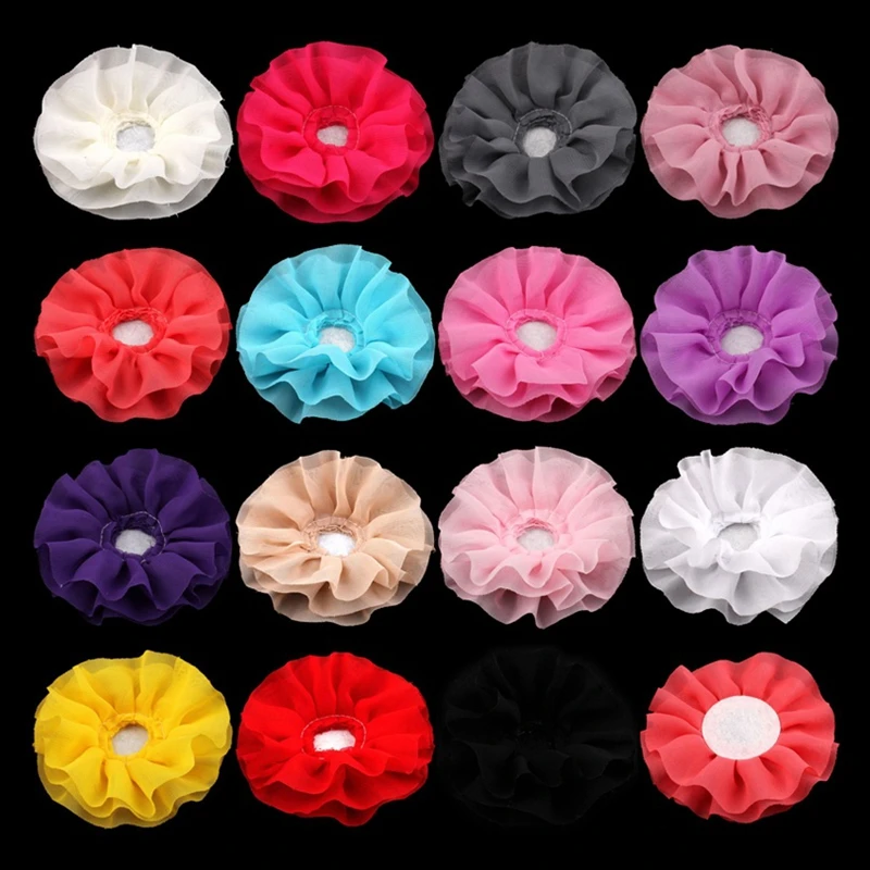 

50pcs/lot 4" 15colors Hair Clips Solid DIY Big Ruffled Chiffon Flower For Girls Hair Accessories Fabric Flowers For Headbands