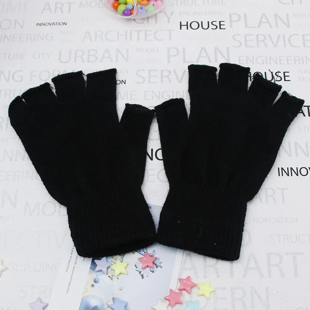 Ladies Winter Fingerless Gloves Mittens Solid Color Women Half Fingers Warm KnitMagic Gloves Mittens Men Unisex Black White