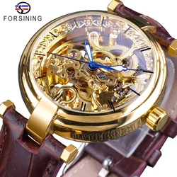 Forsining 2018 Orologi D'oro di Modo Blu Mani Mens Automatico Self-vento Orologi di Marca Top In Vera Pelle Marrone Mani Luminose