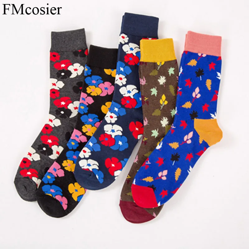 5 par nowość jesień zima moda bawełna sztuka szczęśliwe skarpetki dla mężczyzn kwiaty kolorowe Meia Sokken Socken mokasyny Sox Lot