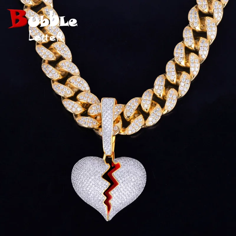 

Gold Color Broken Heart Pendants Necklaces Bling AAA Zircon Men's Hip Hop Jewelry