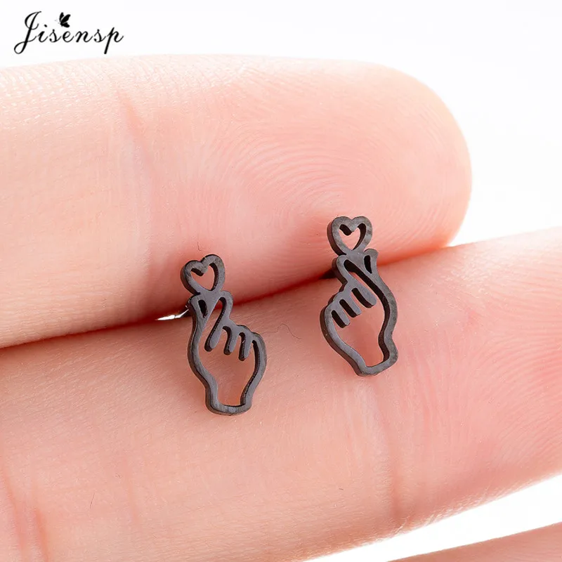 Jisensp Korean Hand Earrings Women Jewelry Stainless Steel Earings BTS Show your Love Heart Stud Earrings Girl boucle d\'oreille