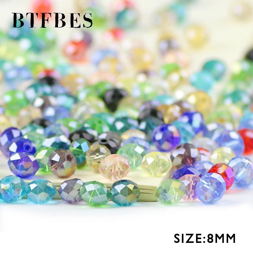 BTFBES Austrian Crystals 8mm 50pcs Faceted Flat Round glass Ball Loose Beads For Jewelry Bracelet earring Making Accessories DIY