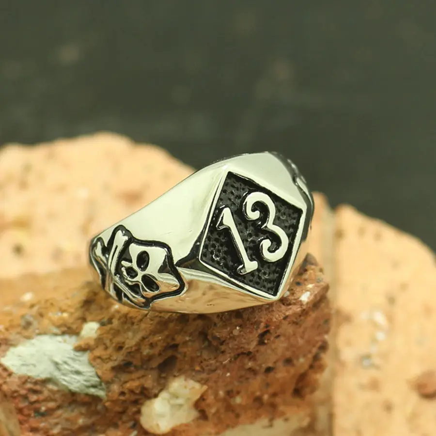 Size 8 to Size 15 Men Boy 316L Stainless Steel Cool Lucky Number 13 Pirate Skull Ring