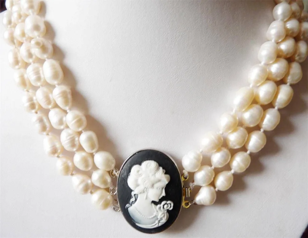 

natural Genuine freshwater 3 rows 8-9MM white baroque pearl & carved girl necklace 17-19"