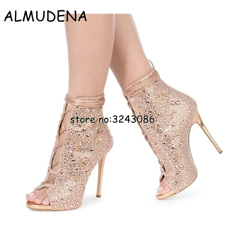 Botines con cordones y diamantes de imitación para mujer, botas de tacón alto fino con punta abierta, sandalias de estilo romano