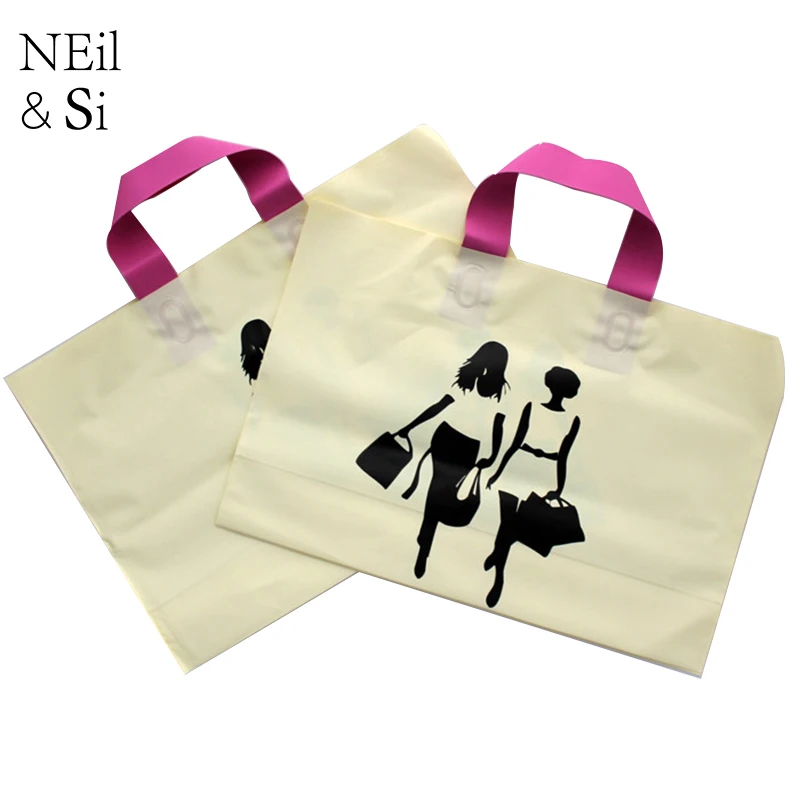 Plastic Handle Gift Bag Shopping Mall Women T-shirt Fashion Package Wedding Candy Bags Yellow Pink Bottom Free Shipping