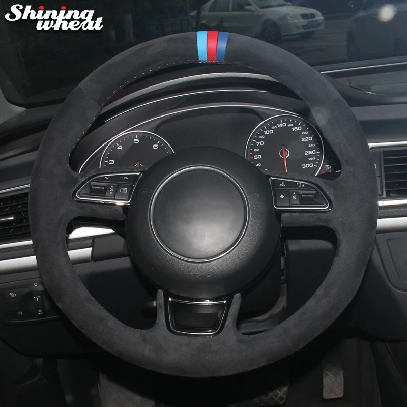 

Shining wheat Light Blue Red Blue Marker Black Suede Car Steering Wheel Cover for Audi A1 A3 A5 A7