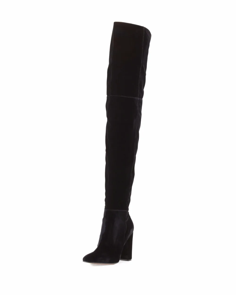 Women Black Velvet High Heel Thigh High Boots Ladies Faux Suede Round Toe Chunky Heel Over the Knee High Long Boots Big Size