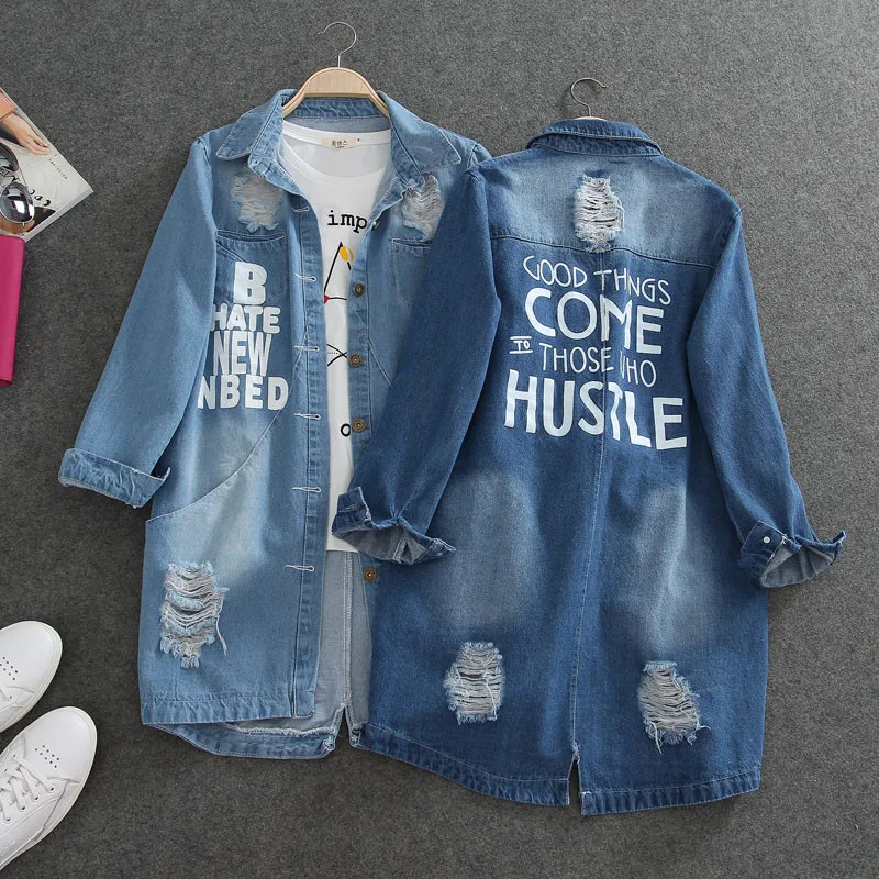 

2024 New Denim Jackets Women Spring Hole Long Sleeve Casual Denim Jacket Femme Elegant Jeans Coat Outerwear 7XL 8XL 9XL R620