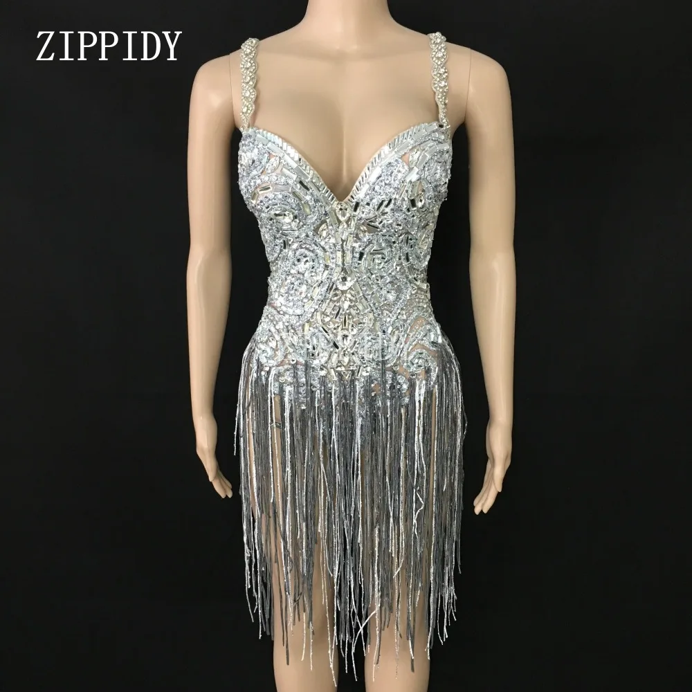 

Shining Silver Crystals Fringes Bodysuit See Through Birthday Celebrate Mesh Outfit Party Dance Female Singer Show