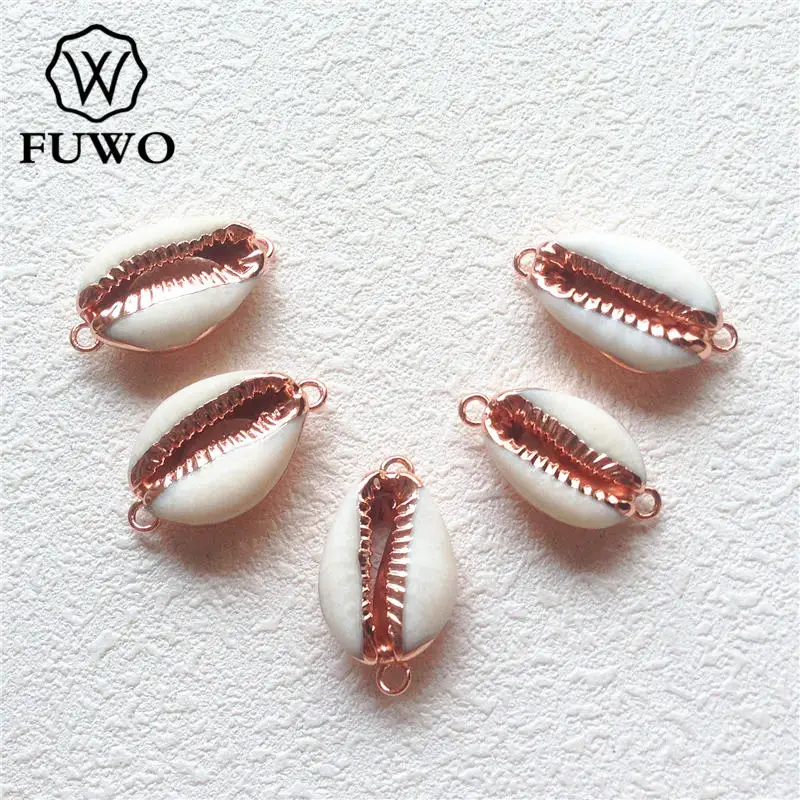 

FUWO Natural Cowrie Connector With Rose Golden Filled Edge Genuine Sea Shell Double Bails Pendant For Bracelets Making PD550