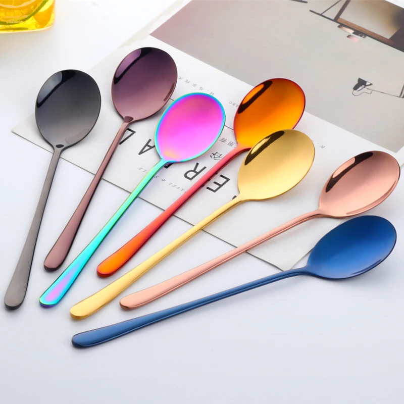 1PC Colorful Stainless Steel Korean Dessert Spoon Gold Silver Coffee Spoon With Long Handle Ice Cream Mixing Tea Spoon Tableware