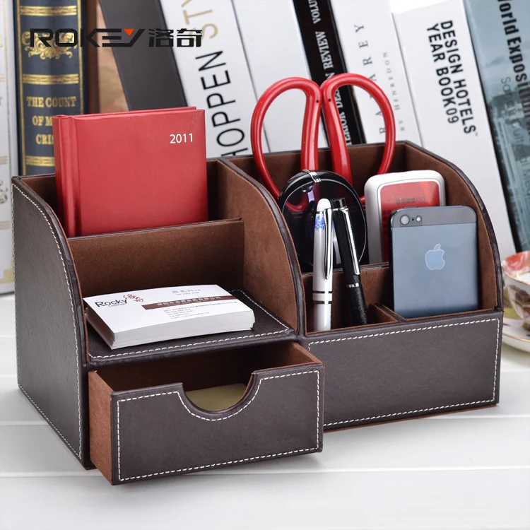 

Rocky coffee grain brown leather desk office desktop storage box storage Modern Korea creative stationery