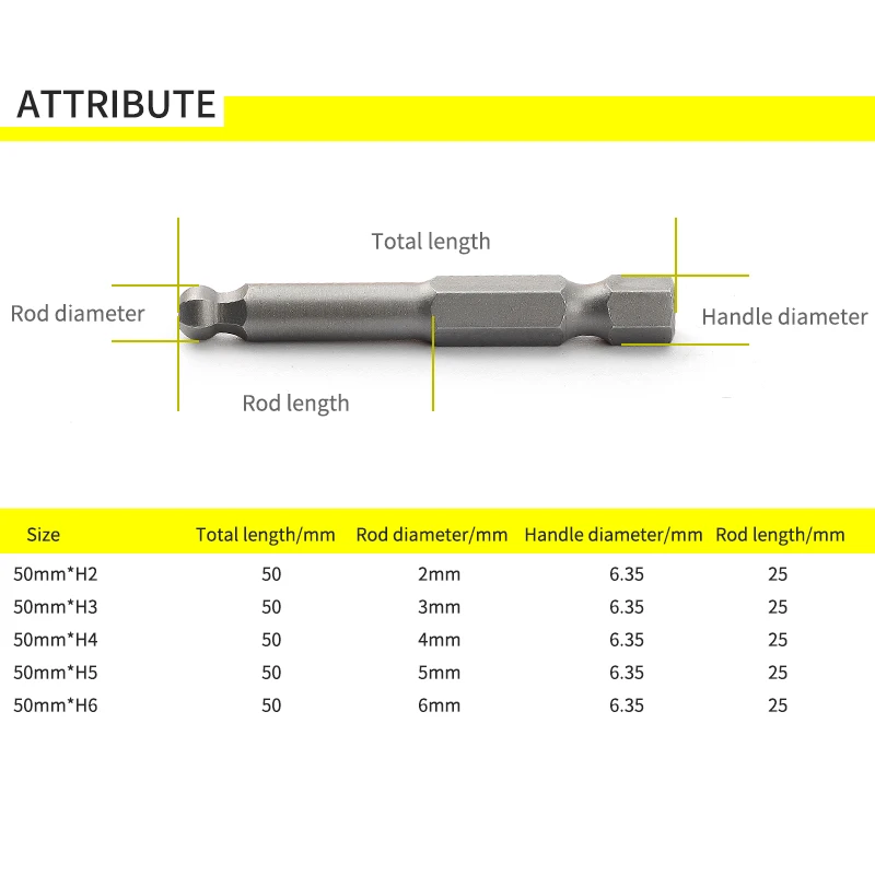 50mm Ball Head Mini Hexagon Screwdriver Bit Set Magnetic Electric Bit Hexagonal Wind Bit For Power Tools H2 H3 H4 H5 H6