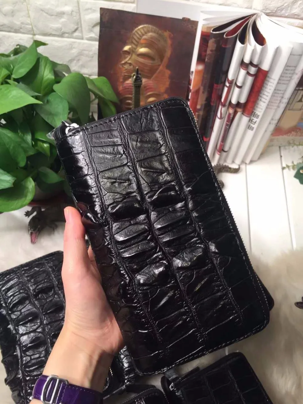 Double zipper closure 100% genuine alligator skin leather men wallet purse clutch with lots bank credit card slots coin pocket